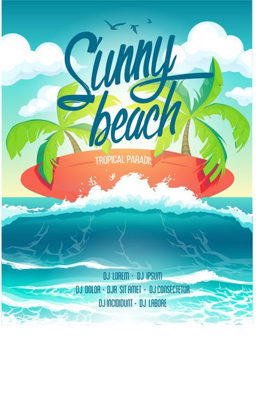 پوستر آفتابی مهمانی ساحلی موج سواری