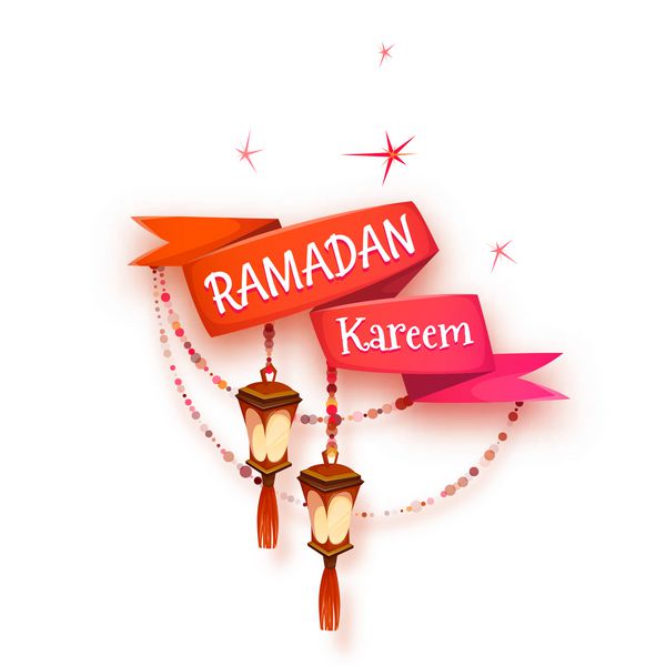 بنر با روبان قرمز و فانوس عربی با عنوان برای ماه مبارک جامعه مسلمانان رمضان کریم