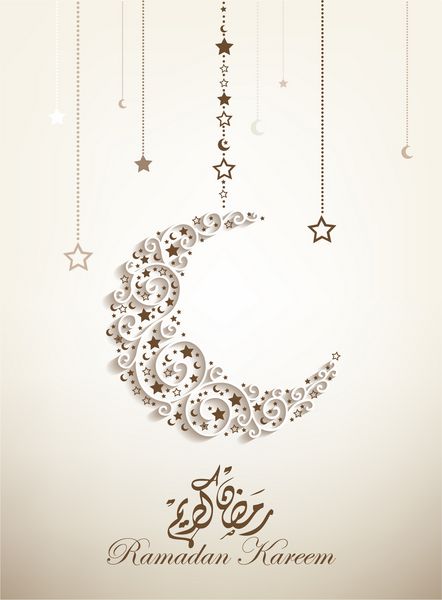 کارت تبریک ماه مبارک رمضان کریم - زمینه با هلال ماه پرنقش و خط عربی
