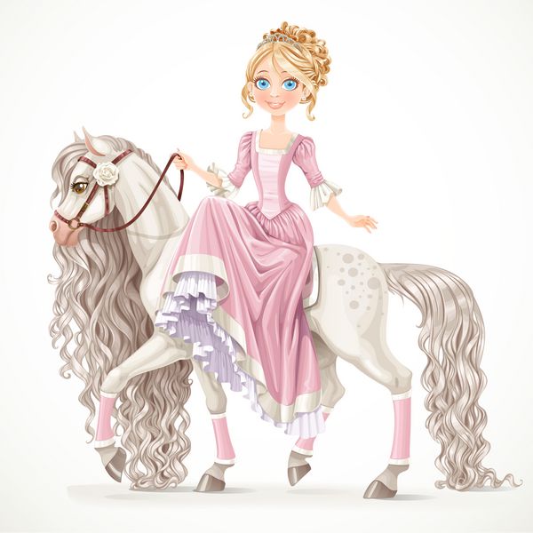 شاهزاده خانم ناز روی اسب سفید با یال بلند جدا شده در زمینه سفید