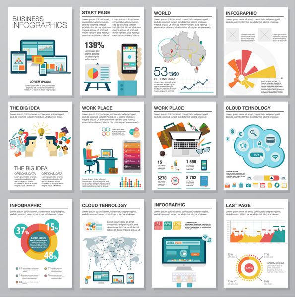 مجموعه ای عظیم از عناصر اینفوگرافیک در سبک تجاری مسطح مدرن تصاویر بردار اینفوگرافیک های مدرن درباره فناوری اطلاعات