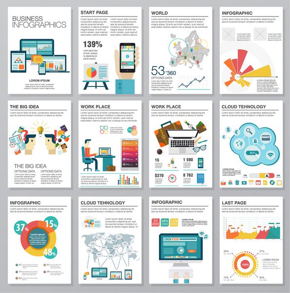 مجموعه ای عظیم از عناصر اینفوگرافیک در سبک تجاری مسطح مدرن تصاویر بردار اینفوگرافیک های مدرن درباره فناوری اطلاعات