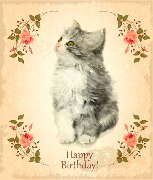 کارت تولدت مبارک با بچه گربه کرکی تقلید از نقاشی آبرنگ سبک وینتیج