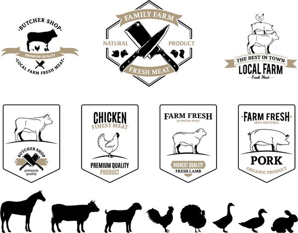 لوگوی قصابی برچسب ها حیوانات مزرعه و عناصر طراحی