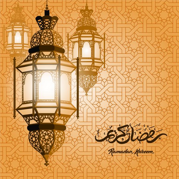 تبریک ماه مبارک رمضان کریم با چراغ زیبای عربی و حروف خطی با دست خط در زمینه مزین