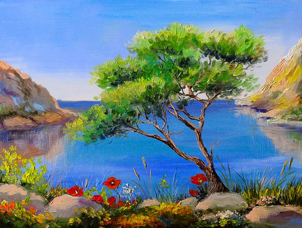 نقاشی رنگ روغن - ساحل دریا درختان کوهها در غروب آفتاب چشم انداز دریا