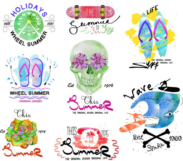 مجموعه ای از عناصر تابستانی برچسب طراحی لوگو طراحی عناصر طراحی شده با دست با رنگ آب