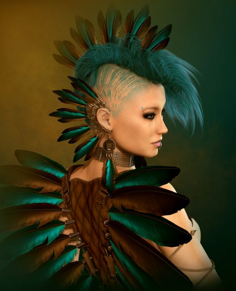 گرافیک کامپیوتری سه بعدی یک زن جوان با جواهرات پر و مدل موی موهاوک