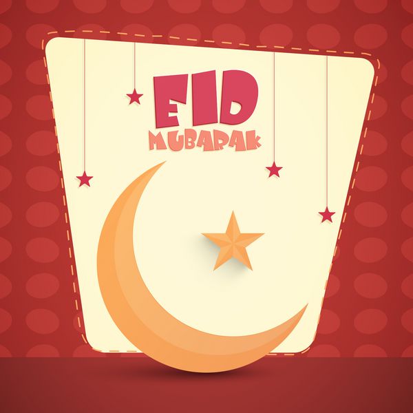 طراحی کارت تبریک زیبا با ماه براق و ستاره های آویزان در زمینه قرمز برای جشن جامعه مسلمانان جشن عید