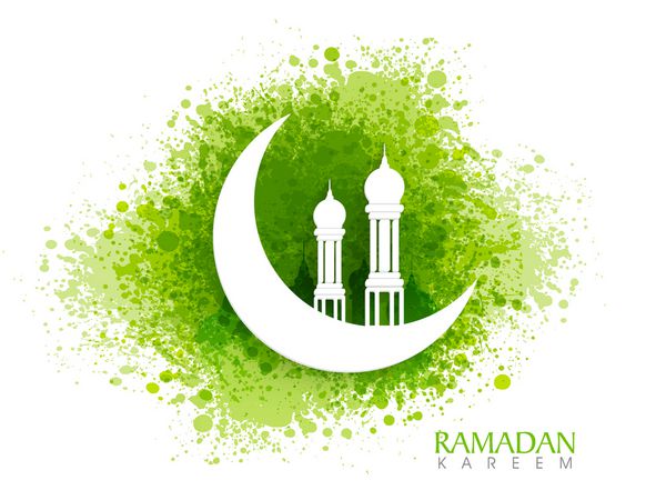 مسجد خلاق سفید بر روی هلال ماه براق در زمینه رنگ سبز رنگ برای ماه مبارک اسلام جشن رمضان کریم