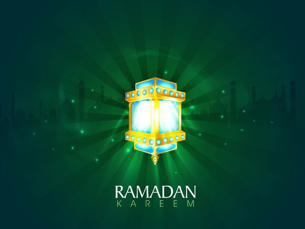 فانوس روشن زیبا بر روی مسجد پس زمینه نورهای سبز و درخشان برای ماه مبارک اسلام جشن رمضان کریم
