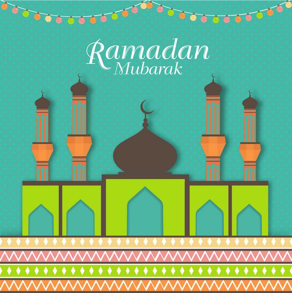 مسجد کاغذی زیبا با چراغ های رنگارنگ زمینه سبز تزئین شده برای ماه مبارک اسلام جشن مبارک رمضان