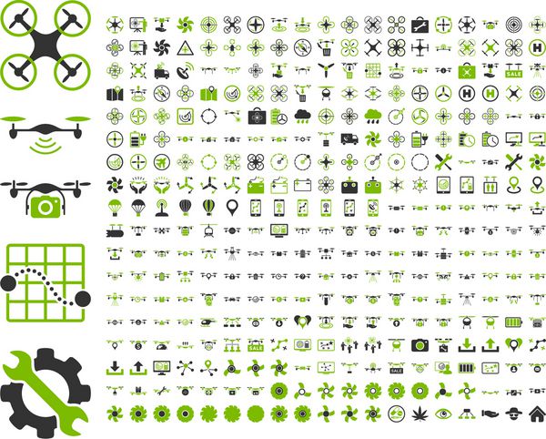 آیکون ابزار 365 هواپیمای بدون سرنشین و کوادکوپتر سبک مجموعه نمادها تصاویر دو رنگ وکتور مسطح نمادهای سبز محیطی و خاکستری جدا شده در زمینه سفید