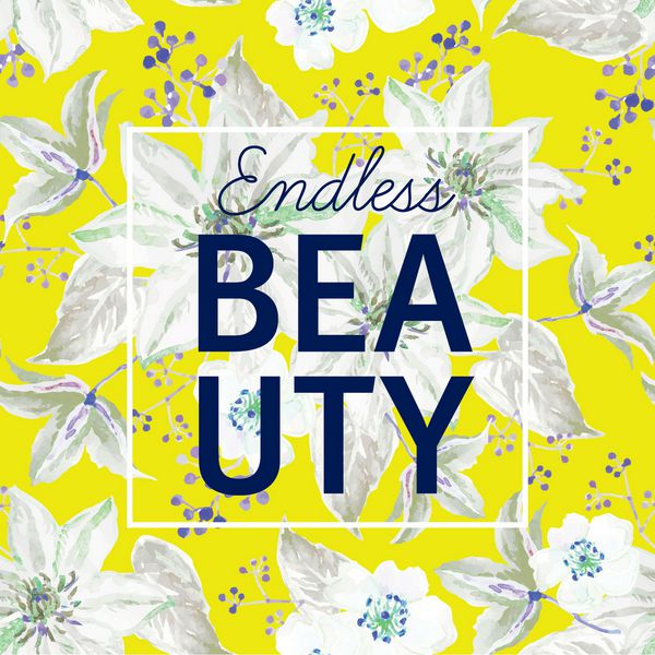 چاپ و شعار زیبایی بی پایان در قاب طراحی برای تیشرت طرح بدون درز آبرنگ با گلها در زمینه زرد