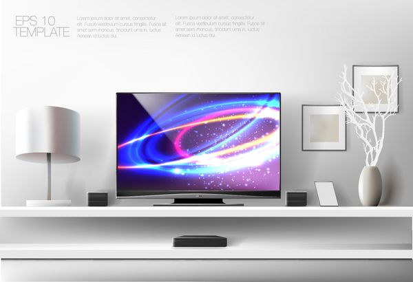 قفسه سفید مدرن با تلویزیون تخت و سیستم صوتی قالب گرافیکی بردار غنی