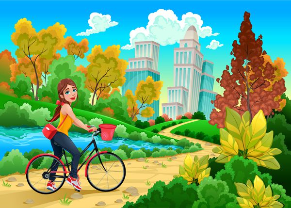 خانم با دوچرخه در پارک شهری تصویر بردار کارتونی