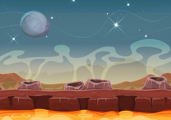 تصویر یک کارتون بدون درز علمی تخیلی علمی تخیلی پس زمینه چشم انداز سیاره بیگانه با لایه های اختلاف منظر دهانه آتشفشان رودخانه ماگما و ستاره ها برای بازی ui