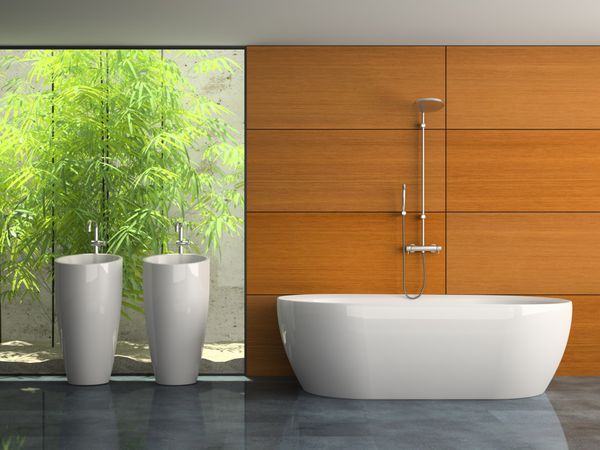 نمای داخلی حمام با رندر سه بعدی گیاهان