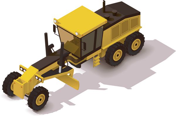 نماد بردار ایزومتریک نشان دهنده گریدر زرد سنگین سنگ فرش جاده و ماشین آلات تعمیر