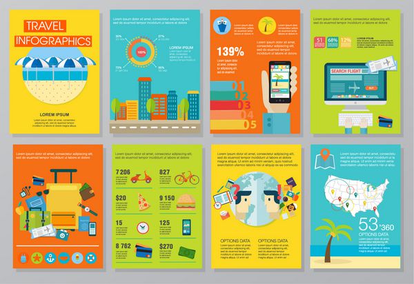 مجموعه ای بزرگ از عناصر اینفوگرافیک در مورد سفرها تصاویر عناصر و مفهوم طراحی با کیفیت بنرهای تبلیغاتی برنامه ریزی سفر رزرو هتل استفاده در گزارش شرکت ارائه وب سایت