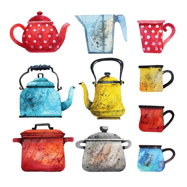مجموعه وکتور ظروف مختلف به سبک آبرنگ قوری فنجان کتری چای در رنگهای مختلف نقاشی آبرنگ