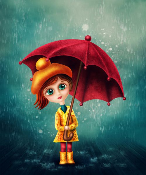 دختر بچه ای با چتر زیر باران