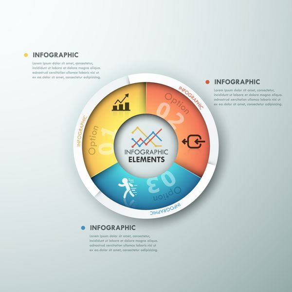 بنر گزینه های اینفوگرافیک مدرن با نمودار پایینی و نمادهای 3 قسمتی بردار می تواند برای طراحی وب و طرح گردش کار استفاده شود