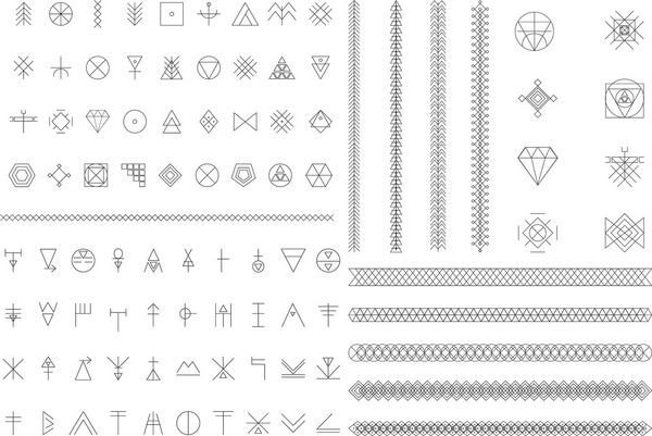 مجموعه ای از اشکال هندسی پس زمینه هیپستر شیک و لوگو دین فلسفه معنویت مجموعه نمادهای غیبت نماد خطی