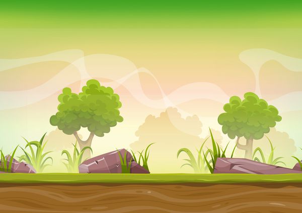 چشم انداز جنگل بدون درز برای بازی Ui تصویر کارتونی یکپارچه پس زمینه جنگل سبز بدون علامت با چمن سنگ و درخت برای بازی UI