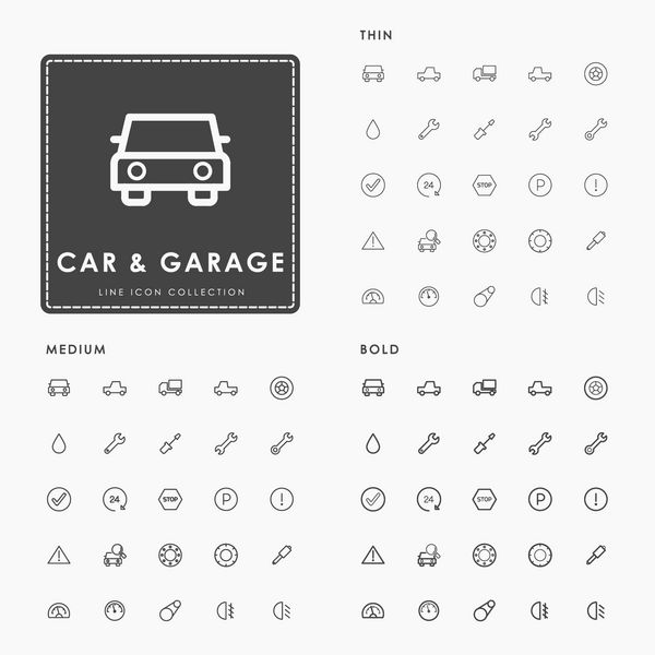 ماشین و گاراژ در مفهوم آیکون های باریک متوسط و جسورانه