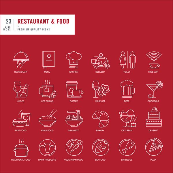 مجموعه ای از نمادهای وب خط نازک برای رستوران و غذا