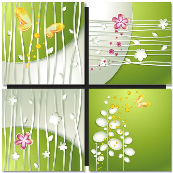 مجموعه ای از زمینه های سبز انتزاعی با گلهای کاغذی مفهوم سبز محیط زیست کارت تابستانی