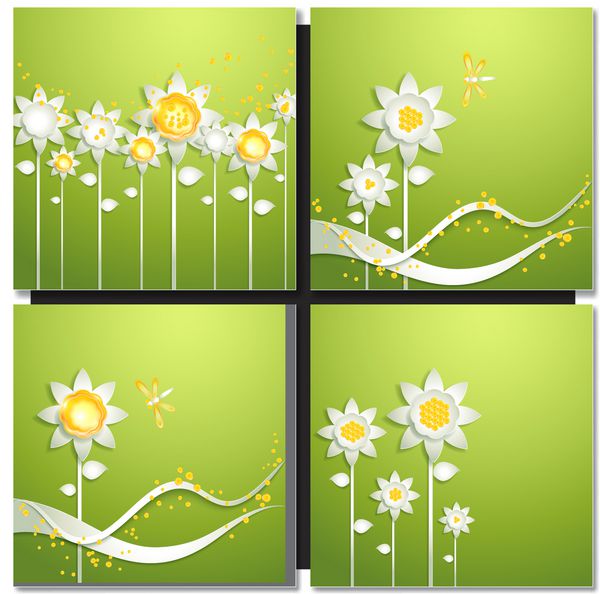 مجموعه ای از زمینه های سبز انتزاعی با گلهای کاغذی مفهوم سبز محیط زیست کارت تابستانی