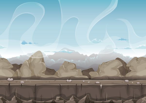 تصویر یک کارتون بدون درز سنگ بیابانی با لایه هایی برای اختلاف منظر و محدوده کوه ها برای بازی رابط کاربری