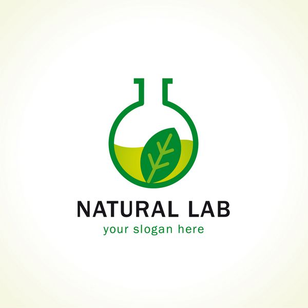 لوگوی آزمایشگاه طبیعی برگهای سبز درختی به شکل فلاسک آزمایش آزمایشات لوازم آرایشی علامت شیمی تحقیقات علمی محیطی نماد زندگی سالم یا محصولات شرکتهای دارویی
