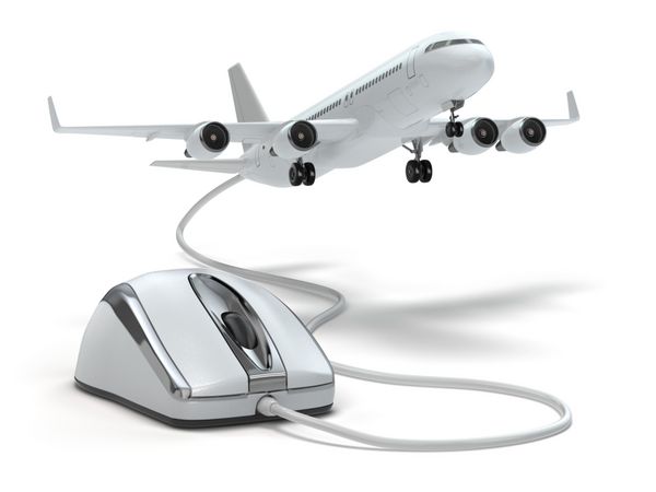 رزرو آنلاین پرواز یا مفهوم سفر موس کامپیوتر و هواپیما سه بعدی