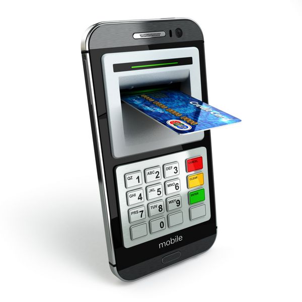مفهوم بانکداری همراه تلفن هوشمند به عنوان دستگاه خودپرداز و کارت اعتباری سه بعدی