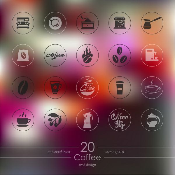 نمادهای مدرن قهوه برای رابط کاربری تلفن همراه در پس زمینه تار