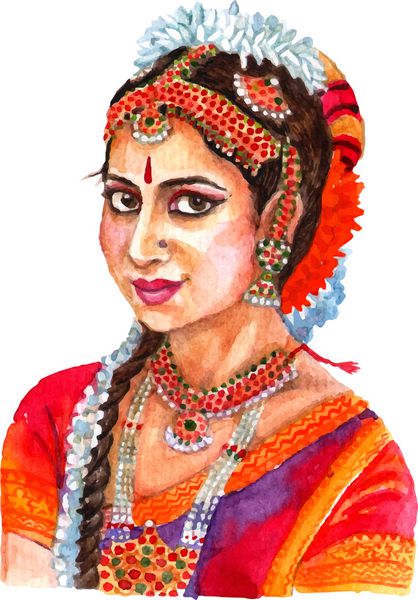 پرتره بانوی زیبا هندی در لباس سنتی زنانه و آرایش مو تصویر آبرنگ قرمز انتزاعی وکتور