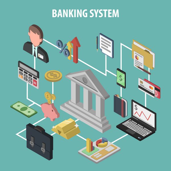 مفهوم بانک با تصویر بردار آیکون های ایزومتریک مالی و سرمایه گذاری