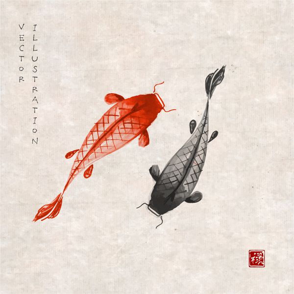 ماهی کپور قرمز و مشکی دستی با جوهر به سبک نقاشی سنتی ژاپنی sumi-e روی کاغذ برنج پرنعمت کشیده شده است تصویر برداری با ماهی دارای هیروگلیف رفاه تمبر قرمز
