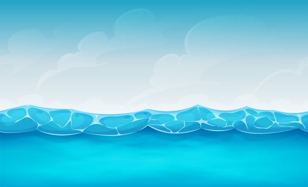 پس زمینه بدون درز اقیانوس تابستانی برای بازی Ui تصویری از امواج آب بدون درز و الگوهای اقیانوسی کارتونی برای چشم انداز تعطیلات تعطیلات تابستانی یا زمینه تکراری برای بازی UI
