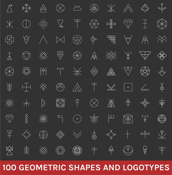 مجموعه ای از 100 شکل هندسی پس زمینه هیپستر شیک و لوگو دین فلسفه معنویت مجموعه نمادهای غیبت