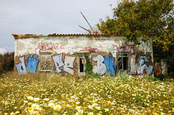 الگارو پورتوگال - 3 مه 2015 خانه مزرعه ای ویران که با نقاشی های دیواری پوشانده شده است خرید و بازسازی خانه های قدیمی روستایی در پرتغال در بین اروپایی هایی که به دنبال خانه های ییلاقی هستند رواج یافته است
