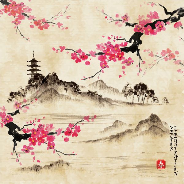 چشم انداز با شاخه های ساکورا دریاچه و تپه ها به سبک سنتی ژاپنی sumi-e در زمینه آبرنگ قدیمی تصویر برداری هیروگلیف بهار