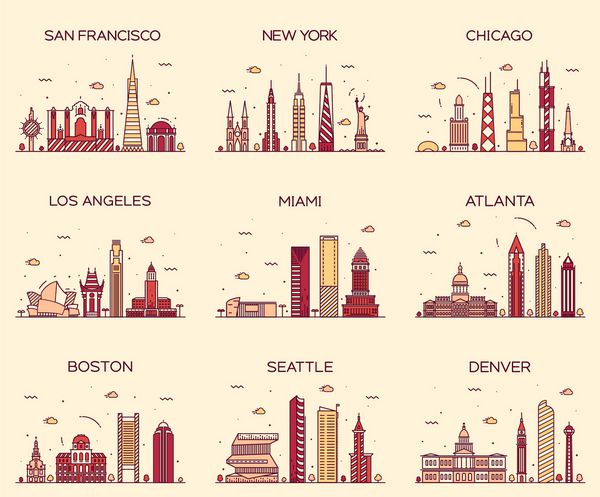 شهرهای آمریکا سان فرانسیسکو نیویورک شیکاگو لس آنجلس میامی آتلانتا بوستون سیاتل خطوط دنور شبح دقیق تصویر بردار مد روز سبک خطی