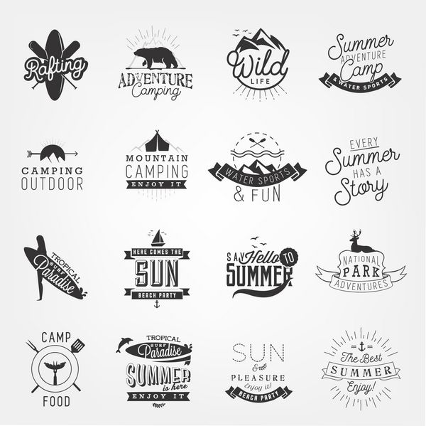 عناصر کمپینگ تابستانی و طراحی ساحل نشان ها و برچسب ها به سبک وینتیج