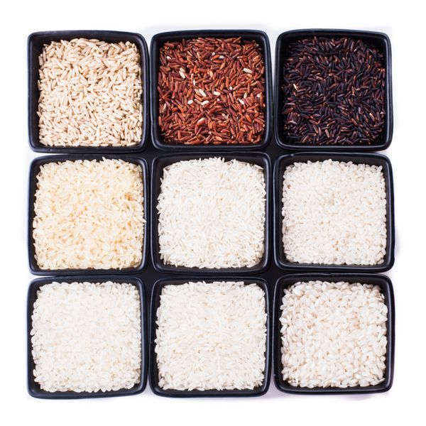 انواع مختلف برنج در کاسه های سیاه جدا شده روی سفید