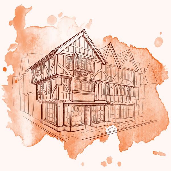 تاریخچه سبک های معماری بریتانیا معماری Tudor خانه مسکونی نیم چوب طرح جدا شده بر روی یک لایه جداگانه از نقطه تک رنگ آبرنگ ردیابی تصویر برداری EPS10