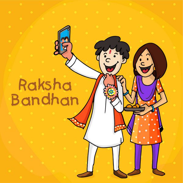 برادر و خواهر مبارک که خود را با گوشی هوشمند در پس زمینه زرد برای جشنواره هند جشن می گیرند